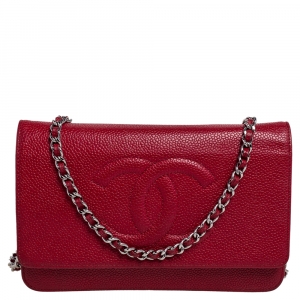 Chanel Red Caviar Leather CC Timeless Wallet On Chain