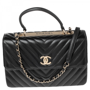 Pre Owned Chanel Black Chevron Lambskin Leather Trendy CC Medium Top Handle Bag