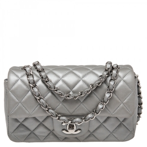 Pre Owned Chanel Pearl Grey Quilted Leather New Mini Classic Single Flap Bag