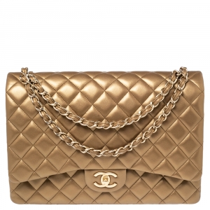 Pre Owned Chanel Metallic Gold Quilted Lambskin Leather Maxi Classic Double Flap Bag