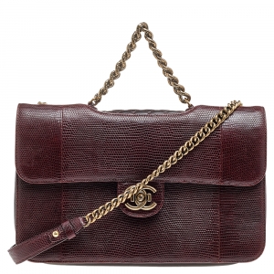 Pre Owned Chanel Burgundy Lizard Large Perfect Edge Double Flap Bag