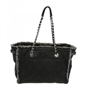 Pre Owned Chanel Black Quilted Fabric and Tweed Wild stitch Tote