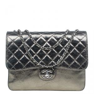 Pre Owned Chanel Metallic Gun Metal Crackled Leather Medium Clams Pocket Flap Bag
