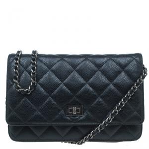 Chanel Black Quilted Caviar Leather Wallet on Chain