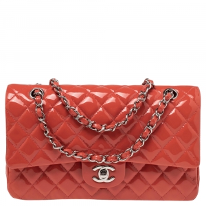Pre Owned Chanel Coral Pink Quilted Patent Leather Medium Classic Double Flap Bag