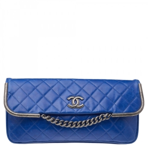 Pre Owned Chanel Blue Quilted Leather CC Chain Flap Wallet