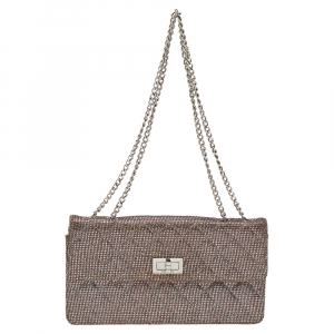 Pre Owned Chanel Quilted Silver Glitter Leather Reissue Shoulder Bag