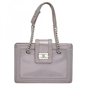 Pre Owned Chanel Iridescent Grey Patent Leather Boy Flap Shopper Tote