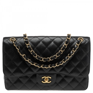 مملوكة مسبقًا Chanel Black Quilted Caviar Leather Jumbo Classic Double Flap Bag