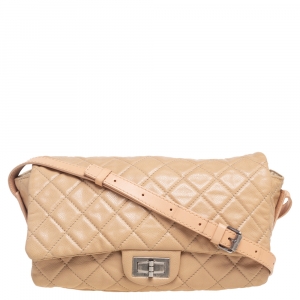 Pre Owned Chanel Leather Beige Quilted Leather Flap Shoulder Bag