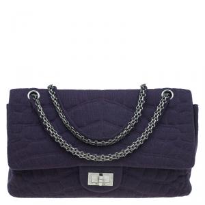 Pre Owned Chanel Purple Jersey Croc Embroidered 2.55 Reissue Classic 225 Flap Bag