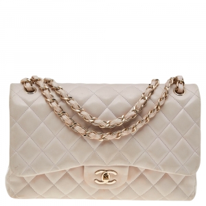 Pre Owned Chanel Cream Quilted Lambskin Leather Jumbo Classic Double Flap Bag                 