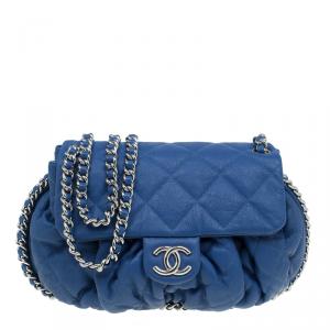 Pre Owned Chanel Blue Quilted Leather Medium Chain Around Shoulder Bag