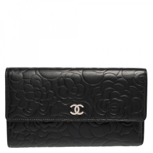 Chanel Black Leather Camellia Flap Wallet