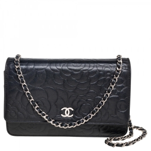 Chanel Black Camellia Embossed Leather CC Flap Wallet On Chain