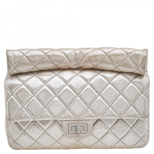 Pre Owned Chanel Metallic Beige Suede Large Roll Reissue Clutch
