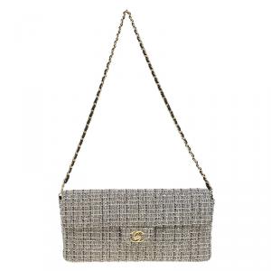Pre Owned Chanel Grey Quilted Chocolate Bar Tweed East West Flap Bag