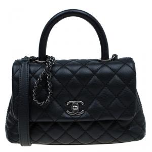 Pre Owned Chanel Black Quilted Caviar Leather Mini Coco Top Handle Bag