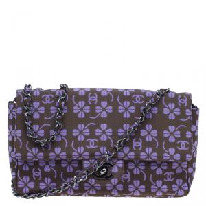 Pre Owned Chanel Brown Nylon Four Leave Clover Single Flap Shoulder Bag