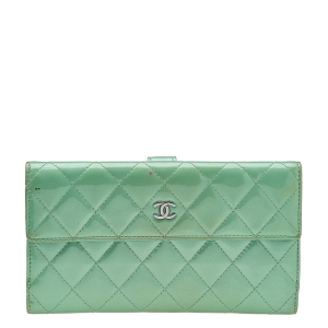 Chanel Mint Green Quilted Patent Leather French Flap Long Wallet