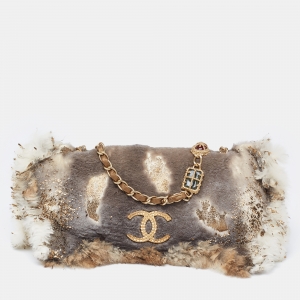 Pre Owned Chanel Beige/Gold Rabbit Fur and Leather CC Flap Jeweled Chain Bag