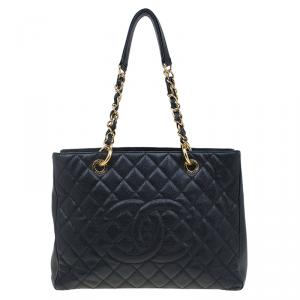 Pre Owned Chanel Black Quilted Caviar Grand Shopping Tote