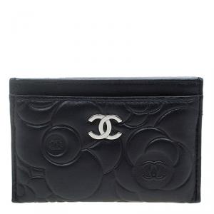 Chanel Black Leather Camellia Embossed Card Holder