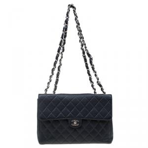 Pre Owned Chanel Black Quilted Caviar Leather Jumbo Classic Single Flap Bag
