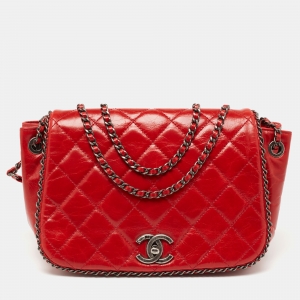 Pre Owned Chanel Red Leather Chain Around Flap Shoulder Bag
