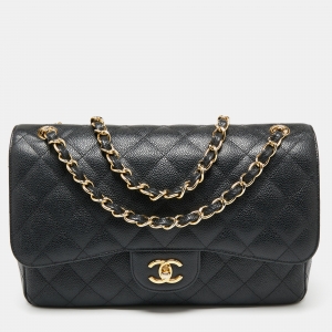 Pre Owned حقيبة شانيل جلد كافيار أسود مبطن قلاب كلاسيك كبيرة