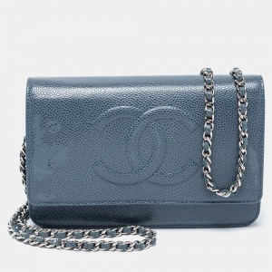 Pre Owned Chanel Light Blue Quilted Caviar Leather CC Timeless Wallet on Chain