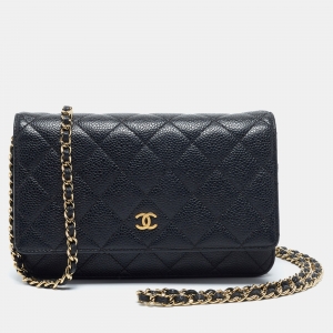 Chanel Black Quilted Caviar Leather Classic Wallet on Chain