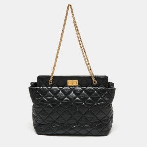 Pre Owned Chanel Black Quilted Crinkled Leather Reissue 2.55 Grand Shopping Bag