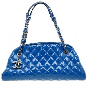 Pre Owned Chanel Blue Quilted Patent Medium Just Mademoiselle Bowling Bag
