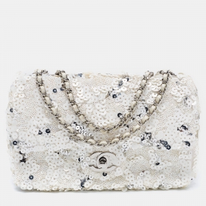 Pre Owned Chanel White Sequins Small Classic Flap Bag