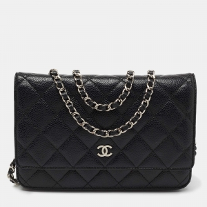 Chanel Black Quilted Caviar Leather Classic Wallet On Chain