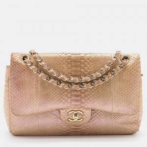Pre Owned Chanel Pink Holographic Effect Python Leather Jumbo Classic Double Flap Bag