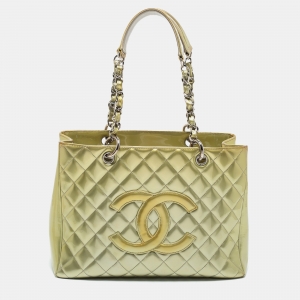 Pre Owned Chanel Light Green Quilted Patent Leather GST Tote