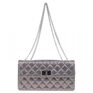 Pre Owned Chanel Quilted Silver Glitter Leather Reissue Shoulder Bag