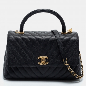 Pre Owned Chanel Black Caviar Leather Medium Coco Top Handle Bag