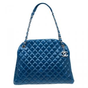 Chanel Blue Quilted Glazed Crackled Leather Large Mademoiselle Bowling Bag