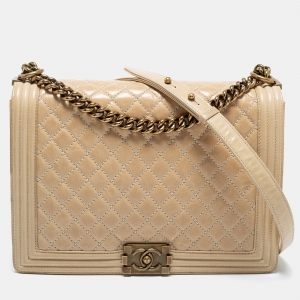 Chanel Two Tone Beige Quilted Glossy Leather Large Boy Flap Bag