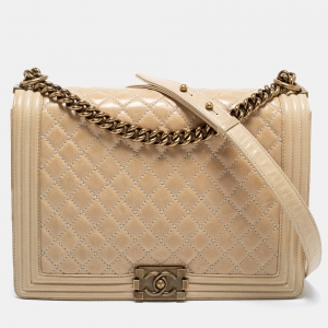 Pre Owned Chanel Two Tone Beige Quilted Glossy Leather Large Boy Flap Bag