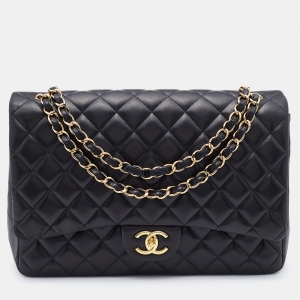 Pre Owned Chanel Black Quilted Leather Maxi Classic Double Flap Bag
