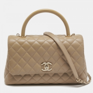 Pre Owned Chanel Beige Caviar Leather and Lizard Embossed Medium Coco Top Handle Bag