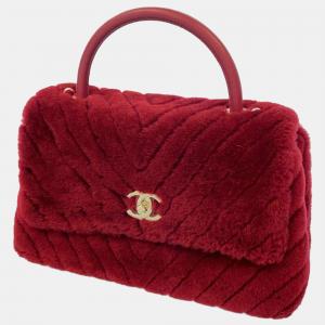Pre Owned Chanel Red Shearling Top Handle Flap Bag