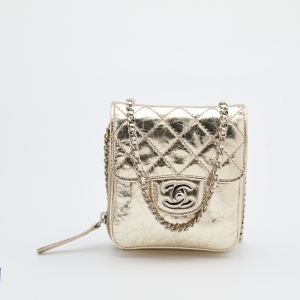 Chanel Gold Quilted Aged Leather Clams Wallet on Chain