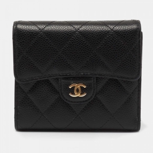 Pre Owned Chanel Black Quilted Caviar Leather Classic  Wallet 