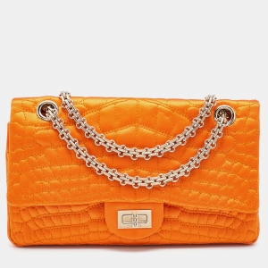 Pre Owned Chanel Orange Crocodile Quilted Satin 2.55 Reissue Classic 225 Flap Bag