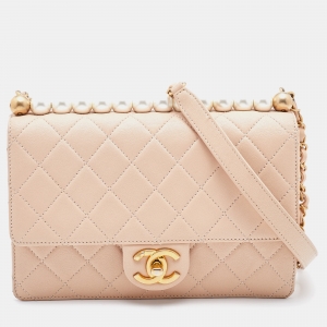 Pre Owned Chanel Beige Quilted Leather Medium Chic Pearls Flap Bag